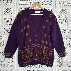 Vintage Maggie Lawrence Purple &‎ Gold Grannycore Button Up Cardigan Sz 2X
